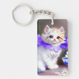 White Cat with Purple Flower Collar Painting Keychain