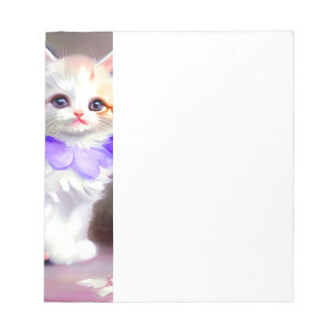 White Cat with Purple Flower Collar Painting Notepad