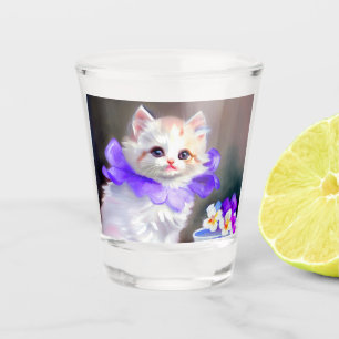 White Cat with Purple Flower Collar Painting Shot Glass