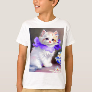 White Cat with Purple Flower Collar Painting T-Shirt