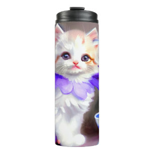 White Cat with Purple Flower Collar Painting Thermal Tumbler