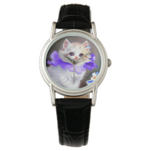White Cat with Purple Flower Collar Painting Watch