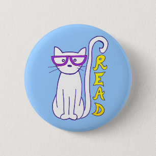 White Cat with Purple Glasses with Read Sign 2 Inch Round Button