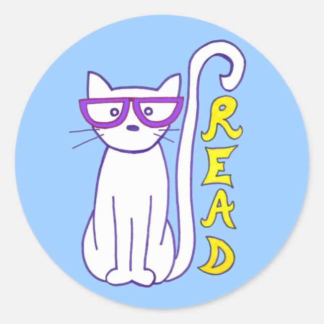 White Cat with Purple Glasses with Read Sign Classic Round Sticker (Front)