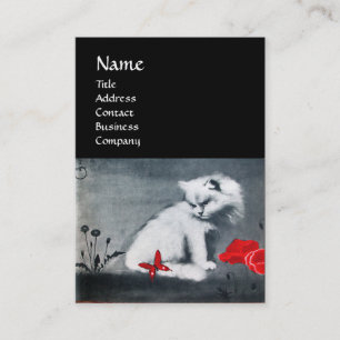 WHITE CAT WITH RED BUTTERFLY  MONOGRAM ,pearl Business Card