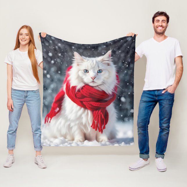 White Cat with Red Winter Scarf Fleece Blanket (In Situ)