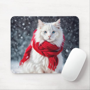 White Cat with Red Winter Scarf Mouse Pad