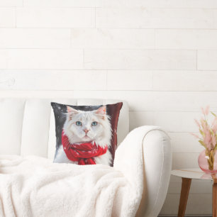 White Cat with Red Winter Scarf Throw Pillow