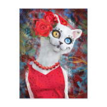 White cat with roses