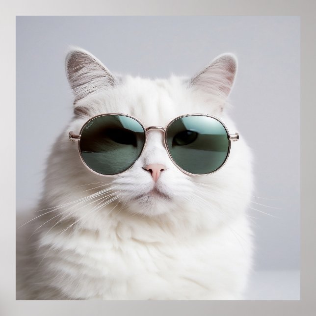 White cat with sunglasses, cool feline, lovely pet poster (Front)
