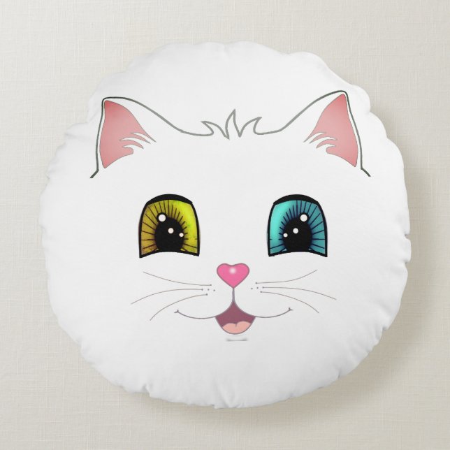 White Cat with Two Different Coloured Eyes Round Pillow (Front)