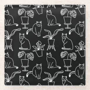 White cats on black glass coaster