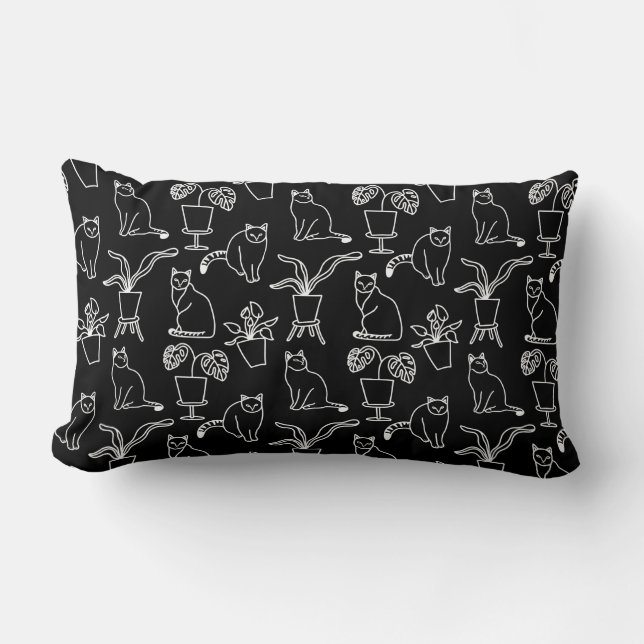 White cats on black lumbar pillow (Front)