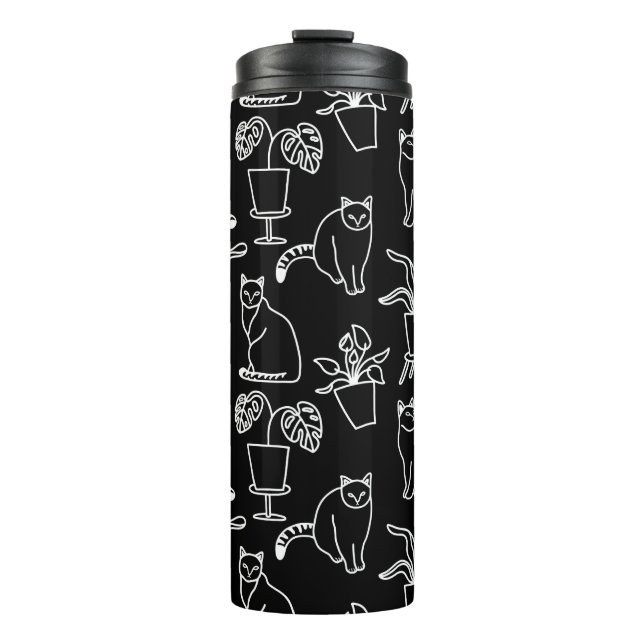 White cats on black thermal tumbler (Front)