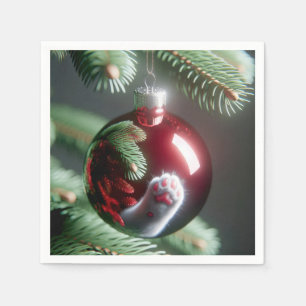 White Cat's Paw Reflection In Red Ornament Napkin