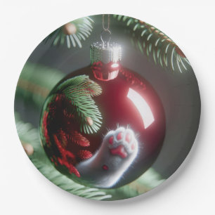 White Cat's Paw Reflection In Red Ornament Paper Plate