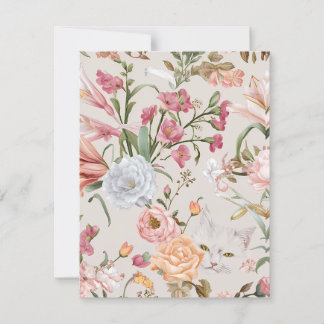 White Cats Pink Roses Floral Flat Thank You Card