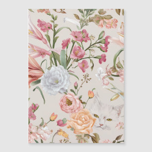 White Cats Pink Roses Floral Flat Thank You Card