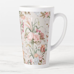 White Cats Pink Roses Floral  Latte Mug