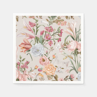 White Cats Pink Roses Floral  Napkin