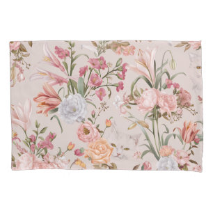 White Cats Pink Roses Floral  Pillowcase