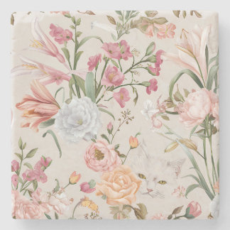 White Cats Pink Roses Floral  Stone Coaster