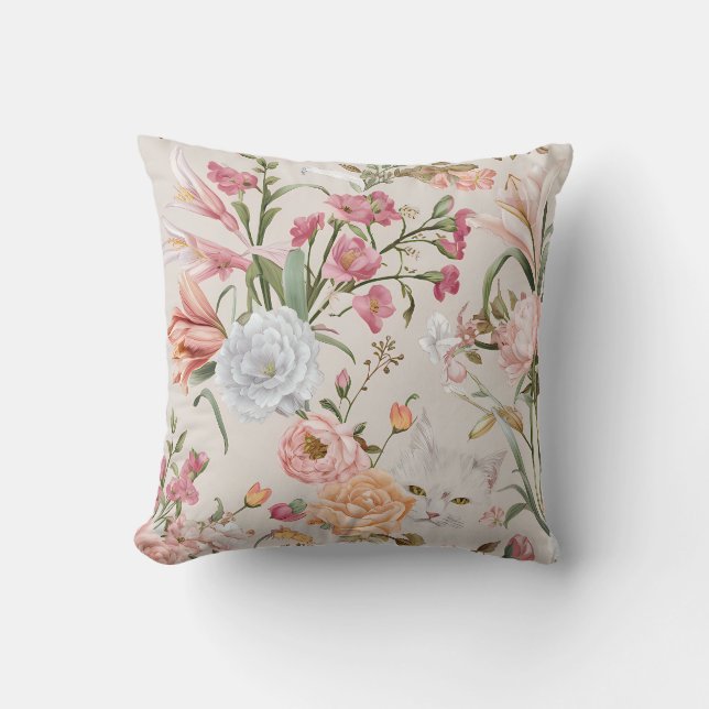 White Cats Pink Roses Floral  Throw Pillow (Front)