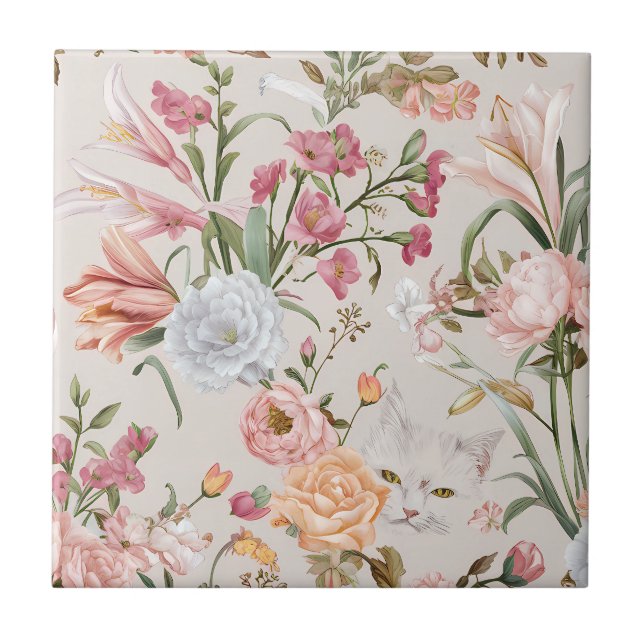 White Cats Pink Roses Floral  Tile (Front)