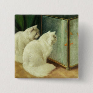 White Cats Watching Goldfish 2 Inch Square Button