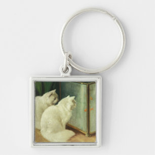 White Cats Watching Goldfish Keychain