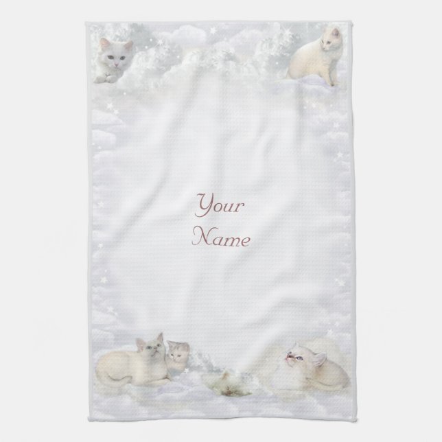 White Cats with your Name Kitchen Towel (Vertical)