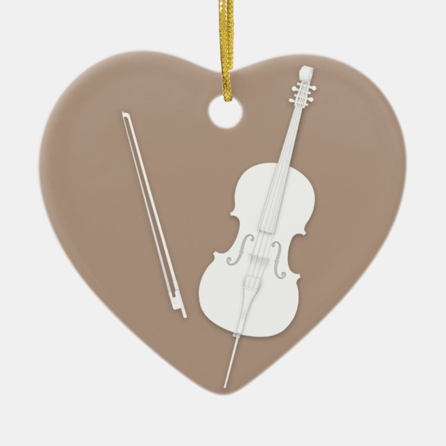 White Cello & Bow Coffee Brown Custom Heart Ceramic Ornament (Front)