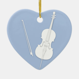 White Cello & Bow Light Blue Custom Heart Ceramic Ornament