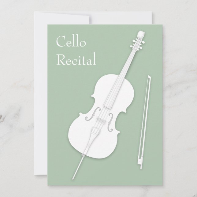 White Cello & Bow Music Recital Concert Pea Green Invitation (Front)