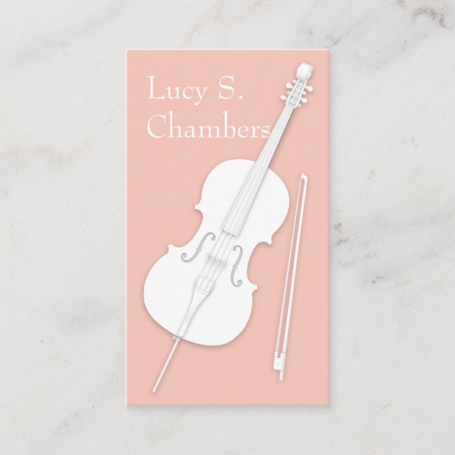 White Cello & Bow Peach Pink String Player Business Card (Front)