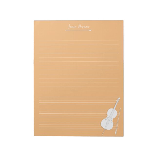 White Cello & Bow Personalized Music Class Orange Notepad (Rotated)