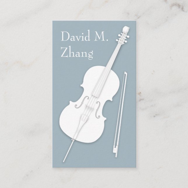 White Cello & Bow Slate Grey String Player Business Card (Front)
