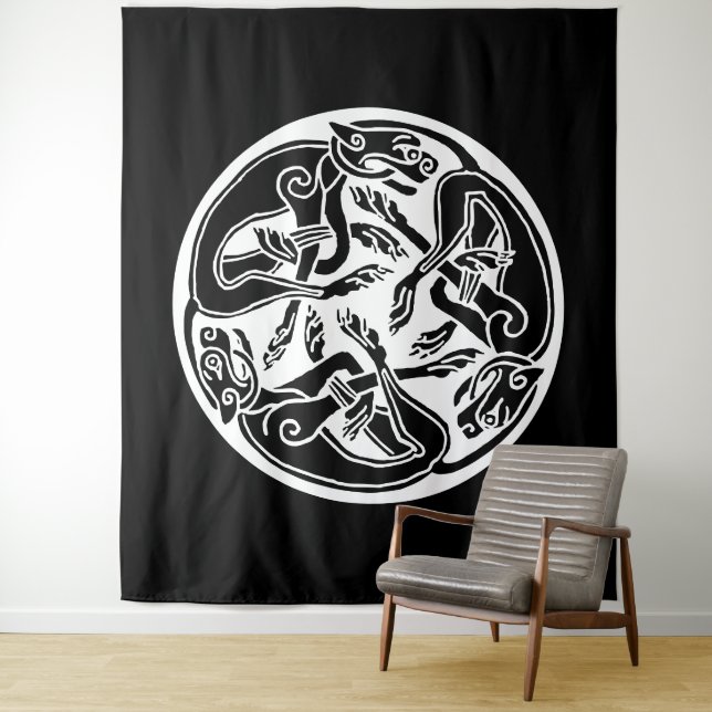 White Celtic Hound Dogs on Black Tapestry (In Situ)