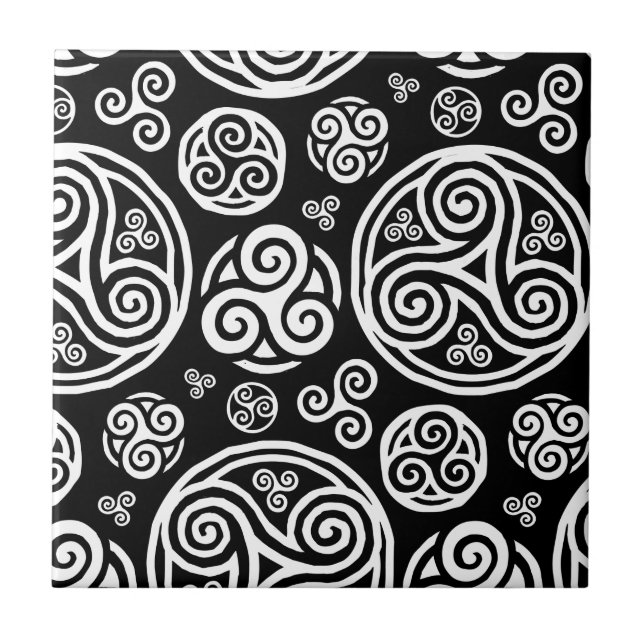 White celtic triskels on black tile (Front)
