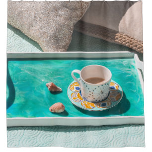 White ceramic mug on white serving tray