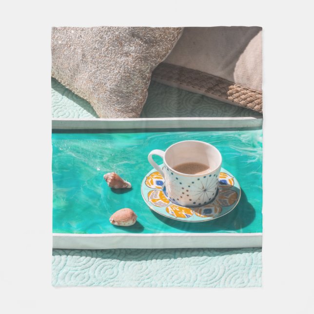 White ceramic mug on white serving tray fleece blanket (Front)