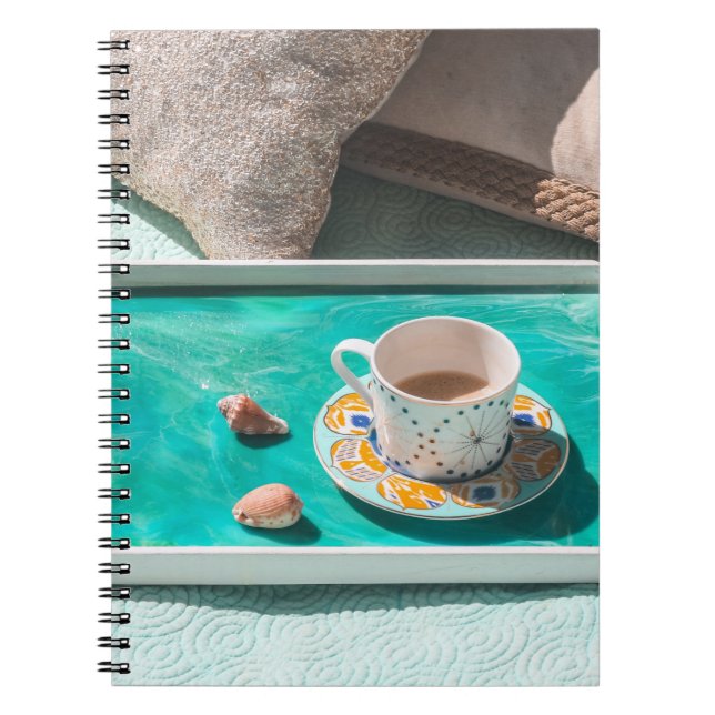 White ceramic mug on white serving tray notebook (Front)
