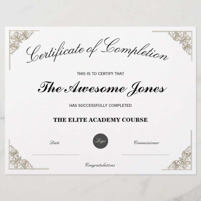 White Certificate of Completion with Custom Logo (Front)