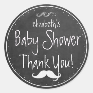 White Chalkboard Look Moustache Baby Shower Classic Round Sticker