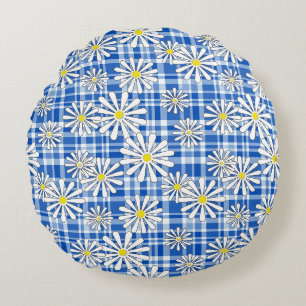 White chamomile flowers on a blue chequered backgr round pillow