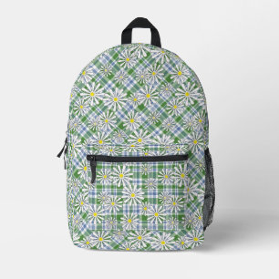 White chamomile flowers on a green blue checkered  printed backpack