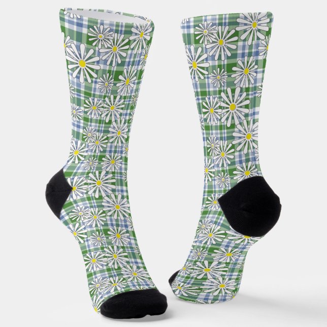 White chamomile flowers on a green blue chequered  socks (Angled)