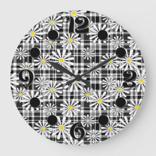 White chamomile flowers on black white checkered b large clock