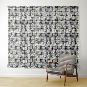 White chamomile flowers on black white checkered b tapestry