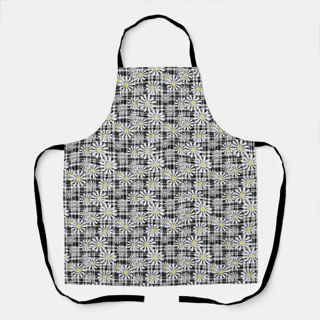 White chamomile flowers on black white chequered b apron (Front)